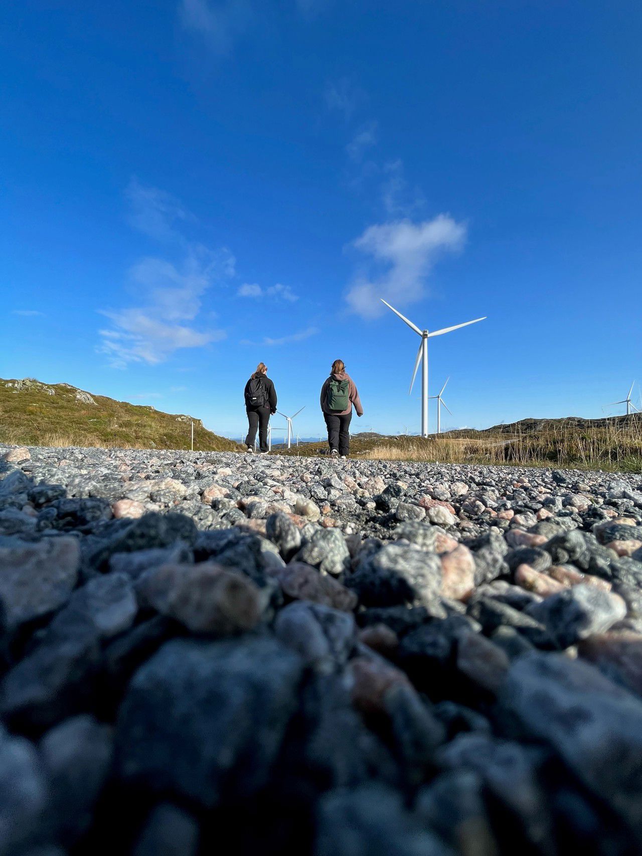 To elevar som går på ein grusveg, ei vindmølle i bakgrunnen