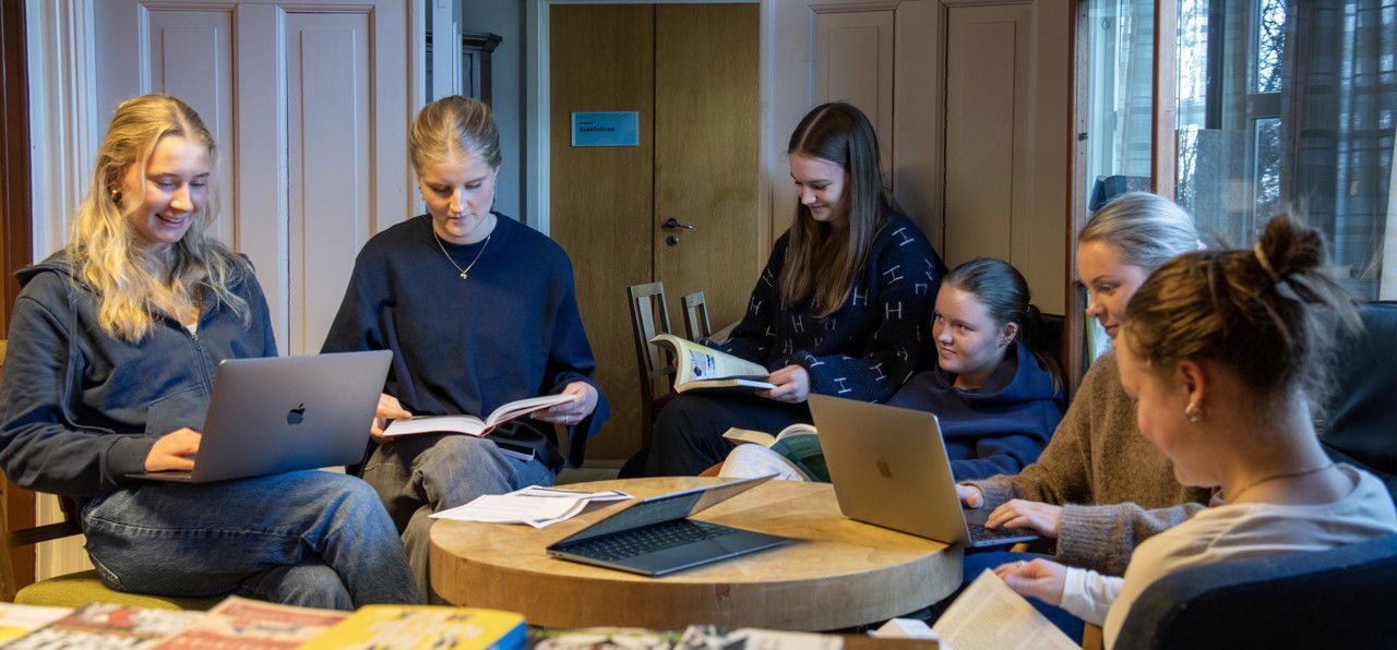 Seks skuleelevar, jenter, sit på skulebiblioteket rundt eit rundt bord og les i kvar sine bøker